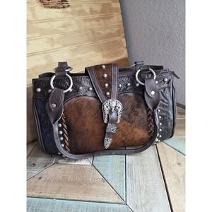 American West Leather Shoulder Bag Cow Hair Brown Buckle 13"x8" studded tooled